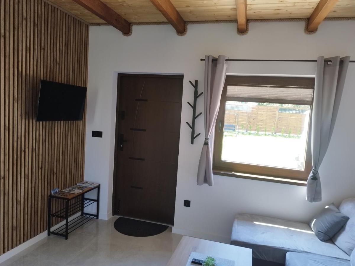 Salon z telewizorem na drewnianej ścianie, drzwi wejściowe i okno